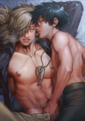 Rule 34 | 2boys, abs, bara, bare pectorals, bed, black hair, black pants, black shirt, brown hair, brown pants, facial hair, green eyes, groping, hair over one eye, hand on another&#039;s crotch, inugami kohachi, jewelry, kbr oekaki, kemono jihen, kusaka kabane, large pectorals, lying, male focus, multiple boys, muscular, muscular male, navel, necklace, nipples, on back, on bed, open clothes, open pants, open shirt, pants, pectorals, red eyes, shirt, short hair, stubble, sweat, topless male, yaoi