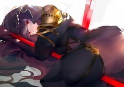 Rule 34 | 1girl, bodysuit, fate/grand order, fate (series), hair ornament, lying, nido celisius, on side, polearm, purple hair, red eyes, scathach (fate), scathach (fate), shoulder pads, solo, spear, weapon