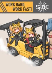 Rule 34 | absurdres, animal ears, animal ears helmet, black footwear, black gloves, black pants, blush, can, cat ears, cat girl, chibi, commentary, crate, driving, english commentary, english text, forklift, full body, gloves, hard hat, helmet, highres, holding, holding can, long hair, long sleeves, looking at viewer, motor vehicle, open mouth, orange hair, original, pants, purple eyes, red eyes, sitting, smoke, smoke trail, smug, spoiler (automobile), srtdrawart, tire