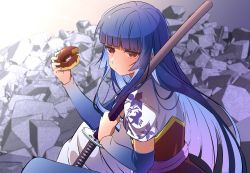 Rule 34 | 1girl, absurdres, armband, bad id, bad pixiv id, blue hair, blunt bangs, bouquetforangel, dark blue hair, doughnut, floral print, food, gintama, highres, holding, holding sword, holding weapon, imai nobume, long hair, looking at viewer, red eyes, rubble, sheath, sheathed, short sleeves, sitting, solo, sword, weapon