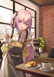 Rule 34 | 1girl, 3 small spiders, apron, arms behind back, black apron, commentary request, commission, girls&#039; frontline, highres, indoors, leaning forward, long hair, looking at viewer, multicolored hair, official alternate costume, one side up, open mouth, pink hair, plaid, purple eyes, purple hair, skeb commission, solo, st ar-15 (girls&#039; frontline), streaked hair, table, two-tone hair
