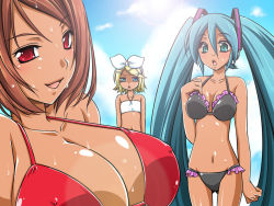 Rule 34 | 3girls, :&lt;, :o, bad id, bad pixiv id, bikini, blonde hair, blue eyes, blue hair, breast envy, breasts, brown hair, day, flat chest, hatsune miku, huge breasts, kagamine rin, large breasts, meiko (vocaloid), multiple girls, red eyes, short hair, swimsuit, tan, triangle mouth, twintails, vocaloid, wet, yorushin
