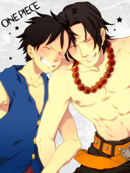 Rule 34 | 2boys, bad id, bad pixiv id, belt, black hair, black shorts, blush, brothers, copyright name, family, freckles, jewelry, male focus, momoiro oji, monkey d. luffy, multiple boys, muscular, necklace, one piece, portgas d. ace, red shorts, scar, topless male, short hair, shorts, siblings, smile, star (symbol), text focus, vest