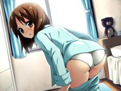 Rule 34 | 1girl, ass, bed, blush, brown eyes, brown hair, dutch angle, from behind, game cg, go! go! nippon! ~my first trip to japan~, hair down, lace, lace-trimmed panties, lace trim, leaning forward, looking at viewer, looking back, misaki akira, natsuki tomosuke, pajamas, pajamas pull, panties, pillow, short hair, solo, stuffed animal, stuffed toy, teddy bear, underwear, undressing, white panties