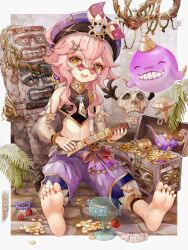 Rule 34 | 1girl, barefoot, beret, black shirt, blue gemstone, blush, border, branch, buxue luo li tang, chalice, child, chinese commentary, chinese text, coin, commentary request, cropped shirt, cup, dagger, detached sleeves, dori (genshin impact), fang, feathers, feet, fingernails, full body, gem, genshin impact, glasses, gold coin, gold trim, hair between eyes, hair ornament, hairclip, harem pants, hat, highres, holding, holding dagger, holding knife, holding weapon, jewelry, jinni (genshin impact), knife, looking at viewer, mask, unworn mask, midriff, nail polish, oil lamp, on ground, open mouth, outside border, pants, pince-nez, pink-tinted eyewear, pink hair, pink nails, plant, puffy detached sleeves, puffy pants, puffy sleeves, purple gemstone, purple headwear, purple pants, red gemstone, ring, see-through, see-through sleeves, shirt, short hair with long locks, sidelocks, skin fang, skull mask, soles, sunglasses, symbol-shaped pupils, tinted eyewear, toes, translation request, treasure chest, variant set, vines, weapon, white border, white feathers, white sleeves, x-shaped pupils, yellow-framed eyewear, yellow eyes