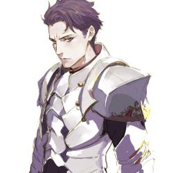 Rule 34 | 1boy, armor, fate/grand order, fate (series), grey eyes, lancelot (fate/grand order), looking at viewer, male focus, pako (pakosun), pauldrons, purple hair, serious, shoulder armor, solo, upper body, white armor