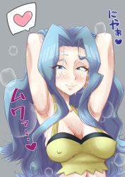 Rule 34 | 1girl, ^^^, armpits, arms behind head, arms up, blue eyes, blue hair, blush, breasts, breath, covered erect nipples, creatures (company), game freak, grey background, heart, highres, japanese text, karen (pokemon), kira boshi27, large breasts, long hair, midriff, naughty face, navel, nintendo, pokemon, pokemon hgss, smile, solo, sweat, tank top, upper body