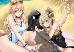 Rule 34 | 1boy, 3girls, abs, animal ears, arknights, bare pectorals, beach, blonde hair, brown eyes, competition swimsuit, doctor (arknights), dog ears, highres, hood, horns, horse girl, hpapo, kal&#039;tsit (arknights), long hair, male doctor (arknights), mask, multiple girls, nearl (arknights), nearl (shimmering dew) (arknights), official alternate costume, one-piece swimsuit, outdoors, pectorals, scar, shining (arknights), shining (silent night) (arknights), silhouette, smile, swimsuit, tail, white hair, yellow eyes