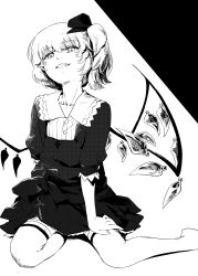 Rule 34 | alternate costume, collarbone, crystal, evil smile, feet out of frame, flandre scarlet, greyscale, highres, karaori, kyoto fantasy troupe, monochrome, partially unbuttoned, short sleeves, side ponytail, sitting, skirt, smile, the sealed esoteric history, thighhighs, touhou, wings