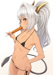 Rule 34 | 10s, 1girl, bare arms, bare shoulders, bikini, black bikini, breasts, cowboy shot, dark-skinned female, dark skin, eating, fingernails, food, food in mouth, food request, from side, gradient background, hand on own hip, highres, holding, holding food, horns, long hair, looking at viewer, micro bikini, nail polish, navel, original, pink nails, ponytail, red eyes, sausage, sharp fingernails, silver hair, slit pupils, small breasts, solo, standing, swimsuit, tail, takunomi, tan, tongue, tongue out, ursula (takunomi), white background