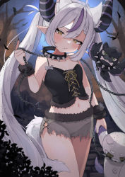 Rule 34 | 1girl, absurdres, ahoge, alternate costume, alternate hairstyle, animal ears, bare shoulders, black horns, blush, breasts, chain, cleavage, closed mouth, collar, crow (la+ darknesss), grey hair, hair between eyes, halloween, highres, hololive, horns, la+ darknesss, light purple hair, long hair, looking at viewer, midriff, multicolored hair, mutsumi326, navel, outdoors, pointy ears, pout, purple hair, shorts, small breasts, solo, spiked collar, spikes, standing, streaked hair, striped horns, stuffed toy, tail, thighs, twintails, very long hair, virtual youtuber, white hair, wolf ears, wolf tail, yellow eyes