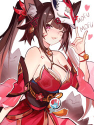 1girl ;d animal_ear_fluff animal_ears bare_shoulders bell black_choker black_sash breasts choker cleavage commentary criss-cross_halter detached_sleeves distr dress english_commentary facial_mark fang fox_ears fox_mask halterneck hand_up heart highres honkai:_star_rail honkai_(series) jingle_bell kemonomimi_mode large_breasts mark_under_both_eyes mask mask_on_head nail_polish neck_bell o-ring obi one_eye_closed open_mouth red_dress red_nails sash sidelocks skin_fang smile solo sparkle_(honkai:_star_rail) whisker_markings