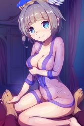 Rule 34 | 1girl, bad id, bad pixiv id, barefoot, blue eyes, blunt bangs, breast hold, breasts, brown hair, ceiling, cleavage, closed mouth, coboxy, collarbone, curtains, ekuseria, eyebrows, hair ornament, highres, holding another&#039;s foot, indoors, japanese clothes, legs, lingerie, long toenails, looking at viewer, nail polish, night, on bed, one side up, out of frame, pants, pink nails, pov, see-through, shiny skin, shironeko project, short hair, sitting, sleeves past elbows, smile, solo focus, toenail polish, toenails, underwear, white nails, window