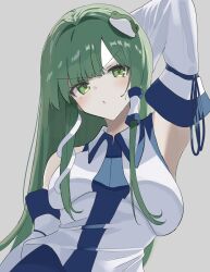 Rule 34 | 1girl, :/, arm at side, arm up, armpits, bare shoulders, blue ribbon, blunt bangs, blush, breasts, closed mouth, collared shirt, commentary, detached sleeves, eyelashes, frog hair ornament, frown, green eyes, green hair, grey background, hair intakes, hair ornament, highres, kochiya sanae, large breasts, long hair, long sleeves, looking at viewer, mino (minori), nontraditional miko, presenting armpit, ribbon, shirt, sidelocks, simple background, sleeve ribbon, snake hair ornament, solo, straight hair, sweatdrop, symbol-only commentary, touhou, tsurime, upper body, v-shaped eyebrows, very long hair, white shirt, wide sleeves