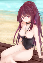 Rule 34 | 1girl, absurdres, alternate hairstyle, arm support, arms at sides, bare arms, bare legs, bare shoulders, beach, bench, black one-piece swimsuit, blunt bangs, blush, bow, bow swimsuit, braid, breasts, cleavage, collarbone, girls&#039; frontline, hair bow, hair over shoulder, hair ribbon, head tilt, highres, knees together feet apart, long hair, looking at viewer, medium breasts, multicolored hair, ocean, official alternate costume, one-piece swimsuit, outdoors, ponytail, pout, purple bow, purple hair, purple ribbon, red eyes, ribbon, ru zhai, sand, see-through silhouette, sidelocks, sitting, sitting on object, solo, swimsuit, thighs, tsundere, very long hair, wa2000 (girls&#039; frontline), wa2000 (op. manta ray) (girls&#039; frontline), water