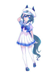 Rule 34 | 1girl, animal ears, arai cherry, arm behind back, blue eyes, blue shirt, breasts, cheval grand (umamusume), closed mouth, full body, hat belt, highres, horse ears, horse girl, horse tail, long hair, looking at viewer, multicolored hair, sailor collar, school uniform, seal impression, shirt, shoes, short hair, short sleeves, simple background, skirt, small breasts, solo, standing, streaked hair, tail, thighhighs, tracen school uniform, umamusume, watermark, white background, white hair, white skirt, white thighhighs
