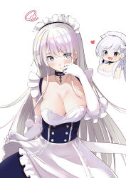 Rule 34 | 2girls, :d, alternate costume, apron, azur lane, belfast (azur lane), belfast (azur lane) (cosplay), blue dress, breasts, chibi, chibi inset, cleavage, collar, collarbone, cosplay, dress, enmaided, enterprise (azur lane), gloves, heart, highres, large breasts, long hair, looking at viewer, maid, maid apron, maid headdress, multiple girls, open mouth, purple eyes, schreibe shura, silver hair, simple background, smile, solo focus, squiggle, very long hair, white background, white gloves