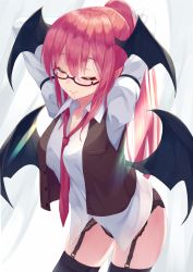 Rule 34 | 1girl, adjusting hair, alternate hairstyle, arm garter, arms behind back, bespectacled, black-framed eyewear, black panties, black thighhighs, black vest, blush, bottomless, breasts, cleavage, closed eyes, closed mouth, cowboy shot, demon girl, demon wings, dress shirt, garter belt, glasses, hair between eyes, head wings, highres, igayan, juliet sleeves, koakuma, lace, lace-trimmed panties, lace trim, leaning forward, lingerie, long hair, long sleeves, low wings, medium breasts, mouth hold, necktie, no pants, open clothes, open vest, panties, pointy ears, puffy sleeves, red hair, red necktie, revision, semi-rimless eyewear, shirt, sidelocks, smile, solo, sunlight, thighhighs, touhou, under-rim eyewear, underwear, vest, white shirt, wings, zettai ryouiki