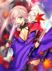 Rule 34 | 1girl, asymmetrical hair, blue eyes, breasts, cleavage, detached sleeves, dual wielding, earrings, fate/grand order, fate (series), frills, fuyuki (neigedhiver), halterneck, holding, holding sword, holding weapon, japanese clothes, jewelry, katana, kimono, miyamoto musashi (fate), miyamoto musashi (third ascension) (fate), ponytail, sash, scabbard, sheath, silver hair, solo, sword, thighhighs, weapon