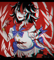 Rule 34 | 1girl, anaglyph, arrow (symbol), bad id, bad pixiv id, black nails, blood, blood on clothes, blood on hands, bracelet, deep wound, dress, grey horns, hair between eyes, horns, injury, jewelry, kijin seija, letterboxed, looking at viewer, multicolored hair, nail polish, patterned background, red background, red eyes, red hair, ribbon-trimmed collar, ribbon trim, sheya, short hair, smile, solo, streaked hair, teeth, tongue, tongue out, touhou, white dress, white hair