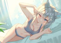 Rule 34 | aarontsay, animal ear fluff, animal ears, armpits, bed, breasts, calvin klein, cat girl, commission, harushio, highres, indie virtual youtuber, large breasts, midriff, one eye closed, skeb commission, thighs, underwear, virtual youtuber, white hair