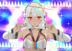Rule 34 | 1girl, absurdres, altera (fate), artist request, bare shoulders, blue background, blush, bra, breasts, collarbone, dark-skinned female, dark skin, detached sleeves, double v, emotional engine - full drive, fate/extella, fate/extra, fate/grand order, fate (series), hands up, highres, looking at viewer, open mouth, parody, red eyes, short hair, small breasts, solo, sparkle, tattoo, underwear, v, veil, white bra, white hair