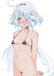 Rule 34 | 1girl, 314khk, absurdres, ahoge, areola slip, arms behind back, bikini, bikini top only, black bikini, blue eyes, blue hair, blush, bottomless, breasts, cleft of venus, covered erect nipples, embarrassed, eyelashes, furina (genshin impact), genshin impact, grey hair, hair between eyes, highres, long hair, micro bikini, mismatched pupils, parted lips, pussy, see-through, simple background, small breasts, solo, sweat, swimsuit, uncensored, very long hair, white background, white hair