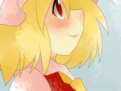 Rule 34 | 1girl, ascot, bad id, bad pixiv id, blonde hair, comic, embodiment of scarlet devil, female focus, flandre scarlet, gradient background, hammer (sunset beach), hat, looking up, portrait, profile, red eyes, short hair, silent comic, smile, solo, touhou
