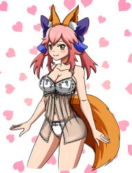 Rule 34 | 10s, 1girl, alternate color, animal ears, asortofcolorfag, bare shoulders, blush, breasts, cleavage, collarbone, fate/extra, fate (series), female focus, fox ears, fox tail, groin, hair ribbon, highres, large breasts, lingerie, long hair, looking at viewer, midriff, navel, pink hair, ribbon, solo, tail, tamamo (fate), tamamo no mae (fate/extra), twintails, underwear, yellow eyes