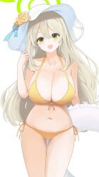 Rule 34 | 1girl, :d, absurdres, bikini, blonde hair, blue archive, breasts, cleavage, flower, frills, green eyes, halo, hand up, hat, hat flower, highres, holding, holding swim ring, innertube, jimwh37, large breasts, long hair, looking at viewer, navel, nonomi (blue archive), nonomi (swimsuit) (blue archive), official alternate costume, open mouth, side-tie bikini bottom, sideboob, simple background, smile, solo, stomach, sun hat, swim ring, swimsuit, white background, yellow bikini