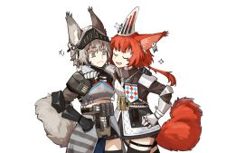 Rule 34 | 2girls, :d, animal ears, arknights, arm around shoulder, armor, ashlock (arknights), black thighhighs, closed eyes, cowboy shot, crop top, ear covers, ear tag, earpiece, closed eyes, flametail (arknights), frown, gauntlets, grey eyes, grey hair, hand on own hip, highres, long hair, mechanical owl, multiple girls, open mouth, red hair, short hair, simple background, smile, solo, sparkle, squirrel ears, squirrel girl, squirrel tail, tail, thigh strap, thighhighs, u u, white background