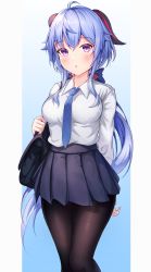 Rule 34 | 1girl, absurdres, ahoge, alternate costume, bag, black pantyhose, blue eyes, blue hair, blue necktie, blue skirt, blush, bow, bowtie, breasts, collared shirt, commentary request, curled horns, ganyu (genshin impact), genshin impact, goat horns, hair between eyes, has bad revision, has downscaled revision, highres, horns, long hair, long sleeves, looking at viewer, low ponytail, md5 mismatch, medium breasts, necktie, neon (hhs9444), pantyhose, parted lips, pleated skirt, purple eyes, resolution mismatch, school bag, school uniform, shirt, sidelocks, skirt, solo, source smaller, standing, very long hair, white shirt