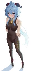 Rule 34 | 1girl, absurdres, ahoge, arms behind back, bare arms, bell, black legwear, blue hair, blush, bodystocking, bodysuit, breasts, commentary request, covered navel, full body, ganyu (genshin impact), genshin impact, groin, high heels, highres, holding own arm, horns, leavv, long hair, looking away, medium breasts, neck bell, no gloves, purple eyes, sidelocks, sleeveless, solo, standing, thighlet, thighs, white background