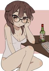 Rule 34 | 1girl, absurdres, animal ears, blush, bottle, breasts, brown hair, camisole, cleavage, collarbone, cup, dog ears, dog girl, drinking glass, female focus, glasses, highres, inukai purin, keyboard (computer), looking at viewer, lucabassiart, medium breasts, medium hair, off shoulder, shot glass, sitting, soju, solo, tsunderia, virtual youtuber, white camisole