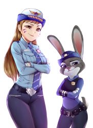 Rule 34 | 2girls, belt, blue necktie, blue pants, blue shirt, breast pocket, breasts, brown eyes, brown hair, closed mouth, collared shirt, commentary, cowboy shot, crossed arms, crossover, d.va (overwatch), facial mark, furry, furry female, gloves, hat, head tilt, judy hopps, long hair, looking at viewer, medium breasts, multiple girls, necktie, officer d.va, overwatch, overwatch 1, pants, pocket, police, police badge, police hat, police uniform, policewoman, purple eyes, rabbit, rixch, shirt, simple background, smirk, striped necktie, striped neckwear, uniform, whisker markings, white background, white gloves, wing collar, zootopia