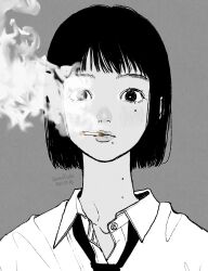 Rule 34 | 1girl, artist name, cigarette, dated, grey background, greyscale, highres, looking at viewer, mole, mole on neck, mole under eye, mole under mouth, monochrome, original, short hair, signature, simple background, smoke, smoking, solo, upper body, yoshino ganko