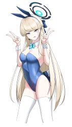 Rule 34 | 1girl, absurdres, blonde hair, blue archive, double v, highres, leotard, llikop, playboy bunny, simple background, solo, thigh gap, thighhighs, toki (blue archive), toki (bunny) (blue archive), tongue, tongue out, v, white background, white thighhighs