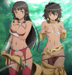 Rule 34 | 2girls, areola slip, black hair, blurry, blurry background, bra, braid, breasts, brown eyes, cleavage, closed mouth, clothes pull, convenient censoring, covering nipples, covering privates, dark-skinned female, dark skin, dungeon ni deai wo motomeru no wa machigatteiru darou ka, forest, garter straps, green eyes, groin, hair between eyes, hair tubes, hands up, highres, holding, jewelry, kaname aomame, large breasts, loincloth, long hair, looking at viewer, medium breasts, multiple girls, nature, navel, outdoors, panties, red bra, red panties, red thighhighs, sarong, shiny skin, short hair, smile, solo, standing, strapless, thighhighs, tiona hiryute, tiona hyryute, tione hiryute, tione hyryute, torn clothes, tube top, twin braids, underwear