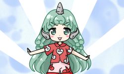 Rule 34 | &gt;:3, &gt;:d, 1girl, :3, :d, airiaisu, alternate eye color, aqua eyes, aqua hair, bare arms, blue background, blush stickers, buttons, cloud print, collared shirt, commentary, cowboy shot, curly hair, horns, komano aunn, legs apart, long hair, lowres, open mouth, outstretched arms, red shirt, shirt, shorts, single horn, smile, solo, standing, tareme, touhou, v-shaped eyebrows, white shorts