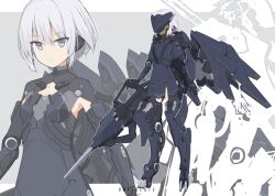 Rule 34 | 1girl, armor, arms at sides, breasts, digitigrade, english text, expressionless, full body, grey eyes, grey hair, head-mounted display, highres, holding, holding weapon, looking at viewer, makadamixa, mask, mecha musume, mechanical legs, original, pile bunker, science fiction, short hair, small breasts, standing, weapon, zoom layer