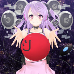 Rule 34 | 1girl, bad id, bad pixiv id, ball, blush, camisole, hair ornament, hairclip, headphones, highres, long hair, looking at viewer, morinaoekaki, original, outstretched arms, purple eyes, purple hair, record, side ponytail, skirt, smile, smiley face, solo, speaker