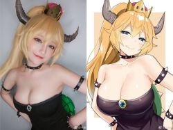 Rule 34 | asian, bare shoulders, bowsette, bowsette (cosplay), breasts, cleavage, cosplay, crown, dress, fang, hands on own hips, highres, horns, japanese (nationality), large breasts, lipstick, makeup, mario (series), new super mario bros. u deluxe, nintendo, photo (medium), ponytail, shell, sleeveless, sleeveless dress, smile, split screen, strapless, strapless dress, super crown