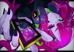 Rule 34 | 1girl, cellphone, character request, copyright request, fingernails, goma irasuto, green eyes, hair ornament, hand focus, headphones, heterochromia, highres, holding, holding phone, looking at viewer, nail polish, phone, pink eyes, pink hair, ponytail, selfie, signature, smartphone, solo, upside-down