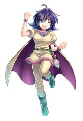 Rule 34 | 1girl, ;d, ahoge, amelia wil tesla seyruun, belt, black hair, blue eyes, boots, cape, choker, clenched hand, flipped hair, full body, green footwear, highres, looking at viewer, one eye closed, open mouth, osapro, pants, pentacle, shirt, short hair, simple background, slayers, smile, solo, white background, white pants, white shirt