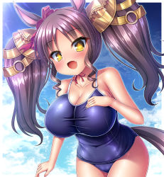 Rule 34 | + +, 1girl, animal ears, blush, breasts, brown hair, cleavage, collarbone, commentary request, curvy, fang, horse ears, horse tail, large breasts, looking at viewer, marvelous sunday (umamusume), open mouth, plump, school swimsuit, sky, sweat, swimsuit, tail, takeponi, twintails, umamusume, yellow eyes