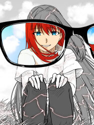 Rule 34 | 1girl, aozaki aoko, blue hair, cloud, denim, glasses, grass, hair intakes, hands on own knees, jeans, metarogu, mystic eyes of death perception, pants, partially colored, red hair, shirt, sitting, smile, spot color, t-shirt, tsukihime, white shirt, wind