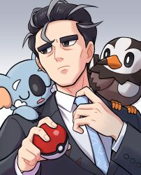 Rule 34 | 1boy, adjusting clothes, adjusting necktie, bird, black eyes, black hair, black jacket, blue necktie, closed mouth, collared shirt, commentary, creatures (company), digua qiu, frown, game freak, gen 4 pokemon, gen 7 pokemon, grey background, hand up, hands up, highres, holding, holding poke ball, jacket, komala, larry (pokemon), long sleeves, male focus, multicolored hair, necktie, nintendo, on shoulder, poke ball, poke ball (basic), pokemon, pokemon (creature), pokemon on shoulder, pokemon sv, shirt, short hair, starly, streaked hair, two-tone hair, white shirt