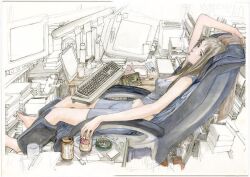 Rule 34 | 1girl, arm up, armchair, beer can, bike shorts, black shorts, black tank top, bottle, breasts, brown hair, cabinet, can, chair, cigarette, computer, cup, drink can, expressionless, full body, holding, holding can, keyboard (computer), lamp, long hair, looking to the side, medium breasts, midriff, monitor, mug, navel, original, painting (medium), paper, partially colored, pen, scissors, shorts, sitting, smoking, solo, table, tank top, traditional media, tsuruta kenji, watercolor (medium)