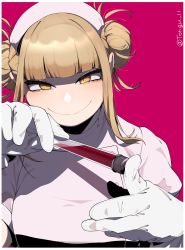 Rule 34 | 1girl, alternate costume, blonde hair, blunt bangs, blush, boku no hero academia, breasts, double bun, dress, gloves, hair bun, hat, highres, holding, looking at viewer, nurse, nurse cap, pink dress, pink hat, red background, shaded face, simple background, smile, solo, toga himiko, tongu 11, twitter username, upper body, vial, white gloves, yellow eyes