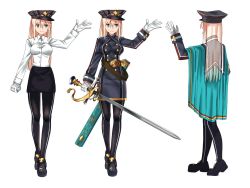 Rule 34 | 1girl, alternate costume, belt, bismarck (kancolle), black pantyhose, blonde hair, blue cape, breasts, brown belt, buttons, cape, closed mouth, coat, double-breasted, gloves, green eyes, hand up, hat, highres, holding, holding sword, holding weapon, kantai collection, long hair, long sleeves, luicent, medium breasts, military, military uniform, multiple views, pantyhose, scabbard, sheath, shoes, simple background, smile, sword, uniform, unsheathed, weapon, white background, white gloves